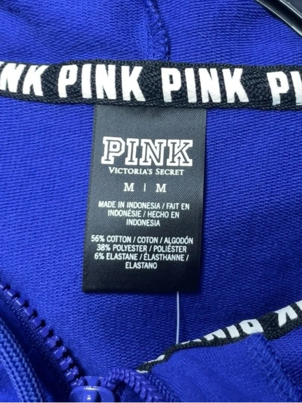 NWT Victoria's Secret PINK Royal Blue Hoodie with Stripes on Sleeves Sz M - Picture 3 of 5